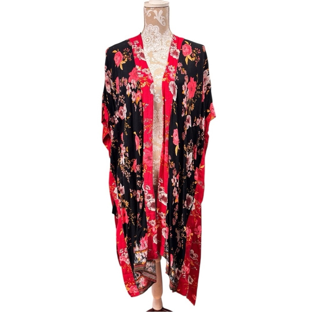 Knox Rose Boho Floral Kimono Cardigan M/L Rayon Black Red Open Tie Sides Long